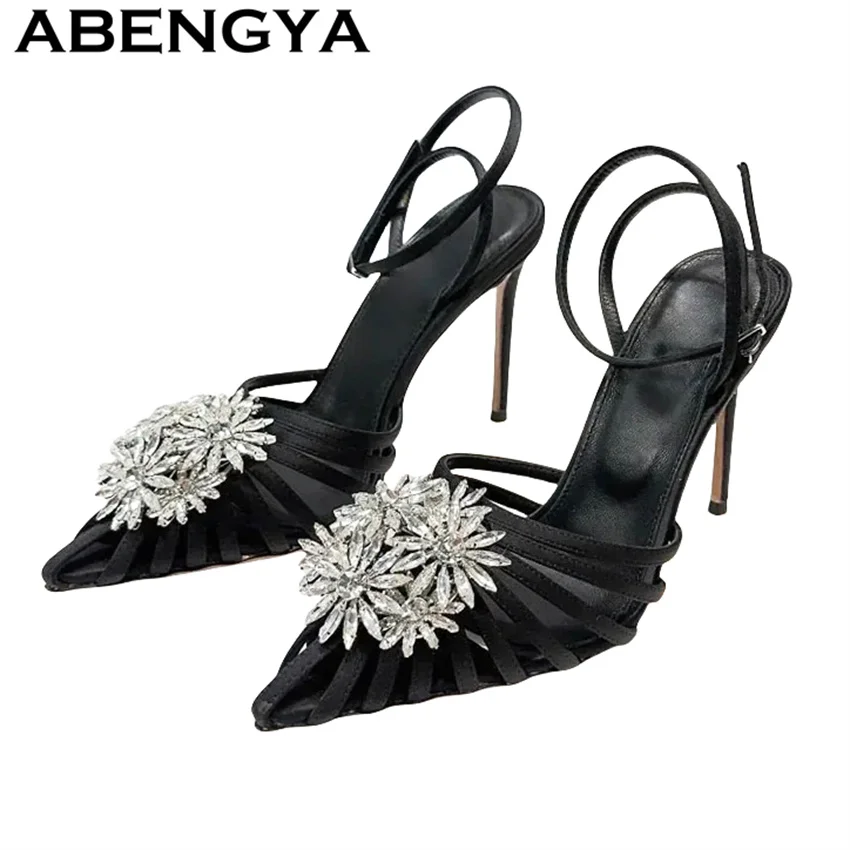 

Crystal Medal Pointy Toe Thin High Heel Sandals Women Luxury Gladiator Sandal 2025 Summer New Multicolour Lace Dress Shoes mujer