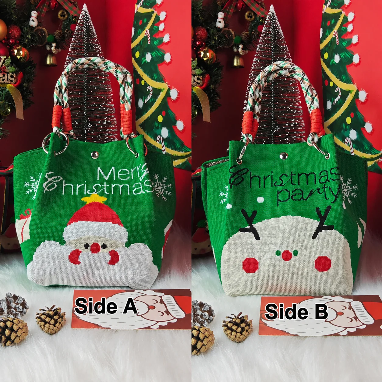 Festive Gift Tote Bag Large Capacity Knitted Cotton Handbag Christmas Tote Bag Double Sided Large Capacity Handbag For Holiday