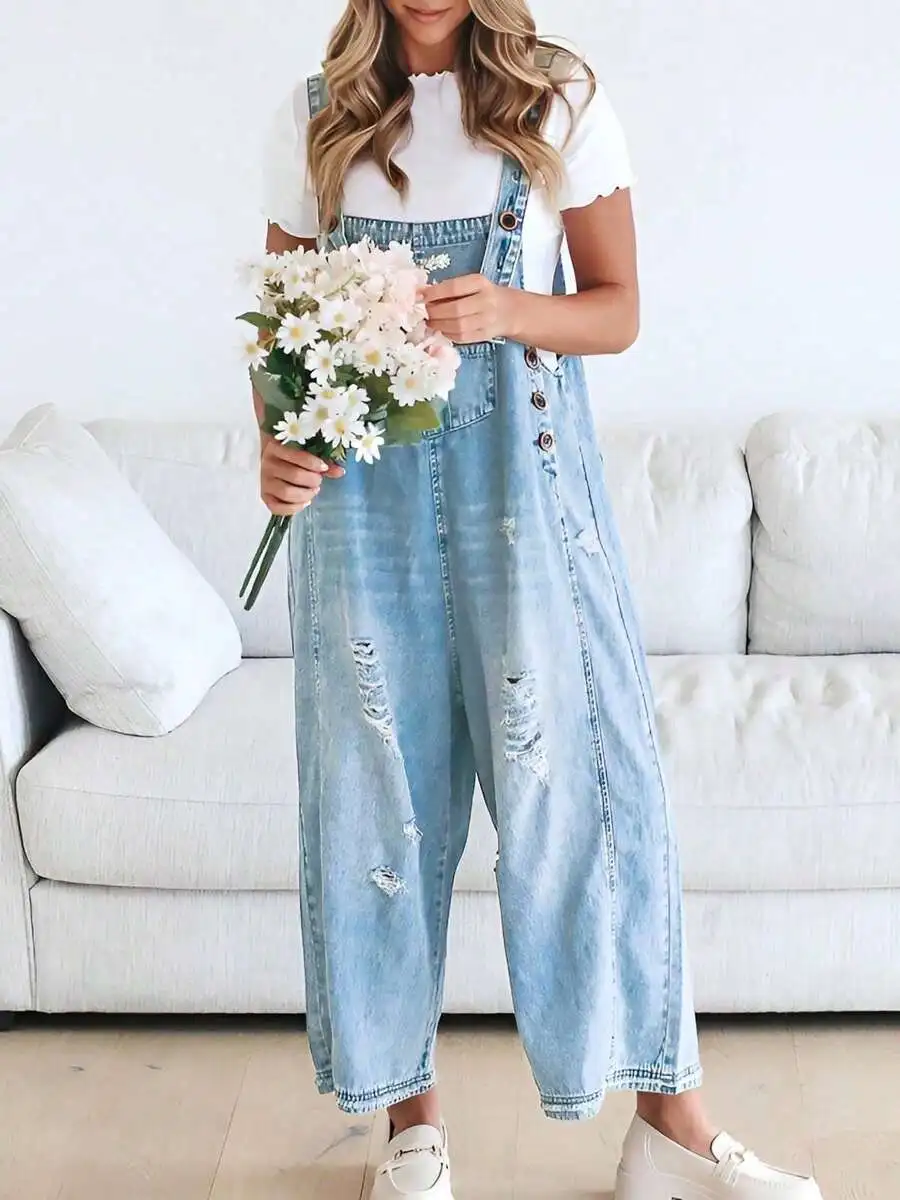 

Women's Distressed Denim Overall Jumpsuit with Adjustable Straps and Cargo Pockets