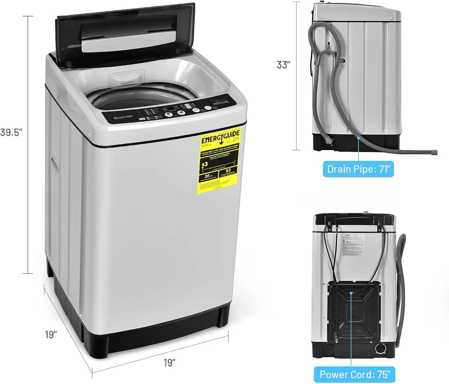 COSTWAY Portable Washing Machine, 11Lbs Capacity Full-automatic Washer with 8 Wash Programs, LED Display