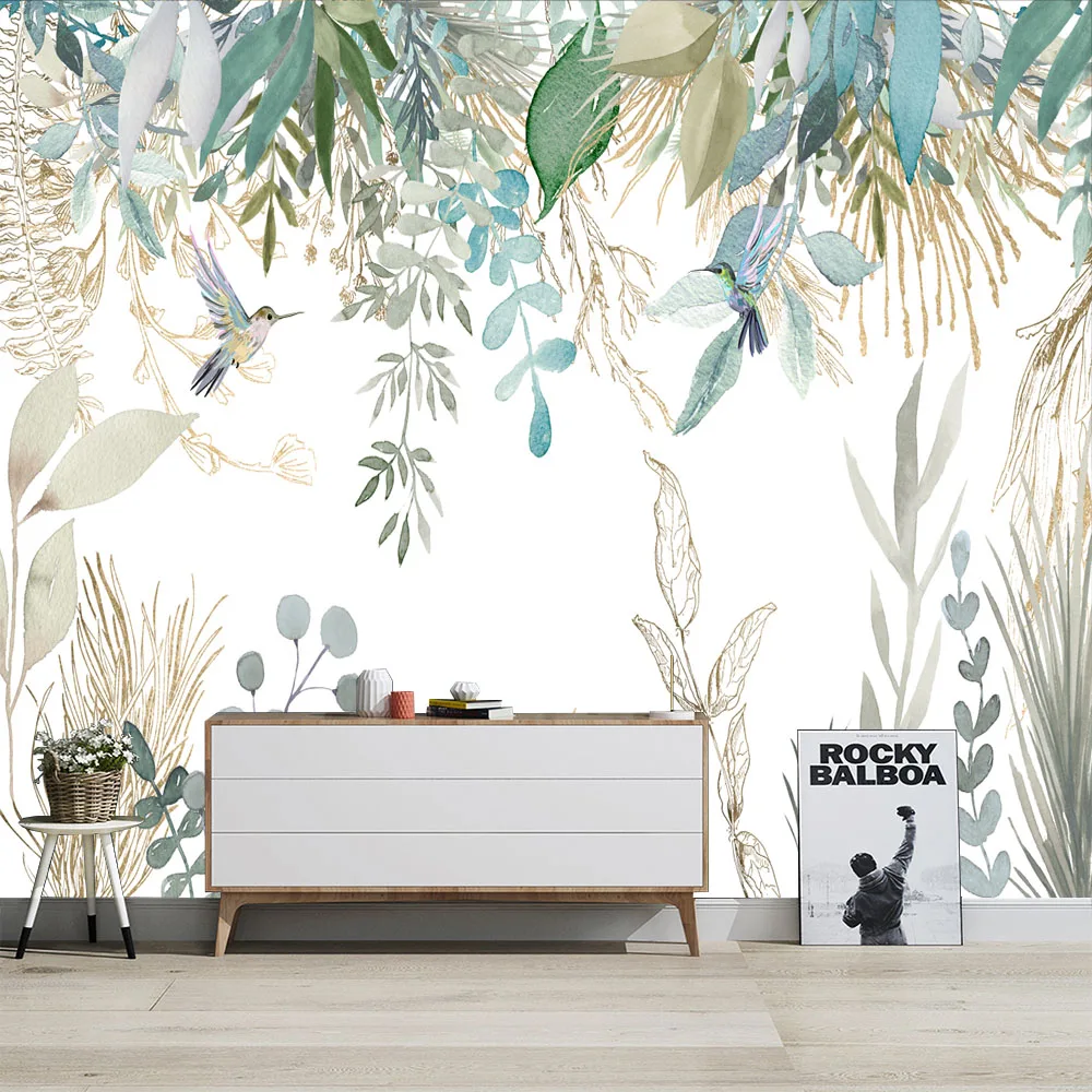 Customized Nordic Style Wallpaper Living Room Background Mural Cream Color Green Southeast Asian Plant Hummingbird 3D Wallpaper