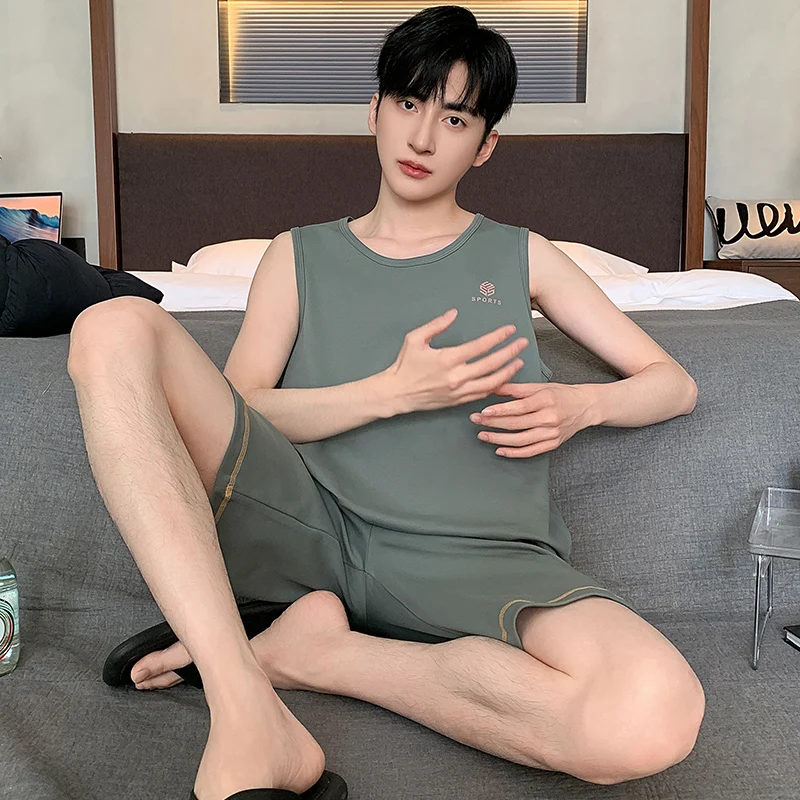 Men's Sleeveless Tank Tops with Shorts 2 Pcs Pajamas Set for Summer Loose Large Size Home Men Sleepwear Set