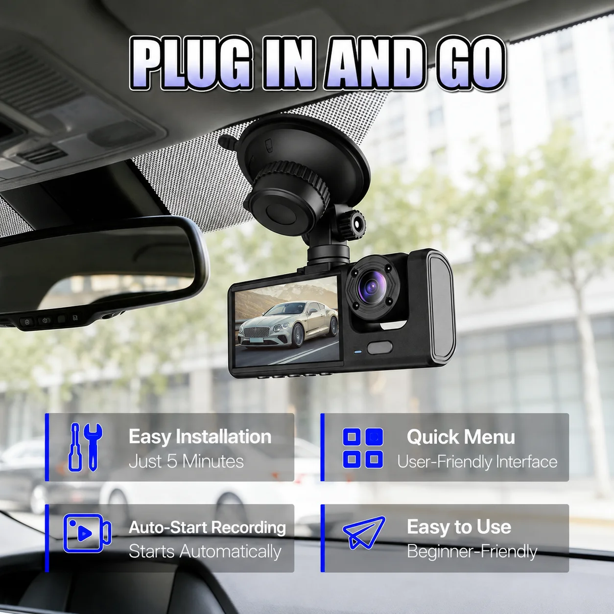 3-Way Triple Camera Car Driving Video Recorder | Wide Angle Full HD Vehicle DVR Dash Camera with Full Surround Road Monitoring