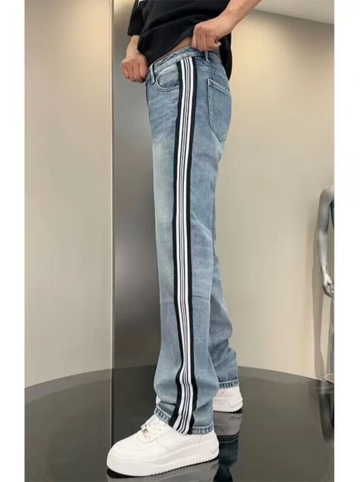 

Men's Wide Leg Jeans Summer New Sle Double Sided Bla White Weave Belt Casual Straight Tube Pants Trendy Youth Loose Fit