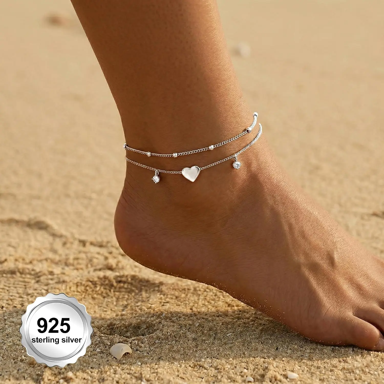 Gold/Sterling Silver Anklet Bracelets for Women Waterproof, Non Tarnish 925 Sterling Sliver Plated Heart Evileye Butterfly Charm