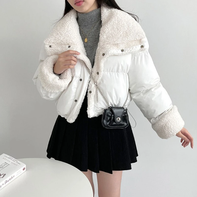 Lamb Wool Patchwork Lapel Women's Short Style, Double-sided Cotton Jacket, Winter New Style, Thick Coat for Warmth