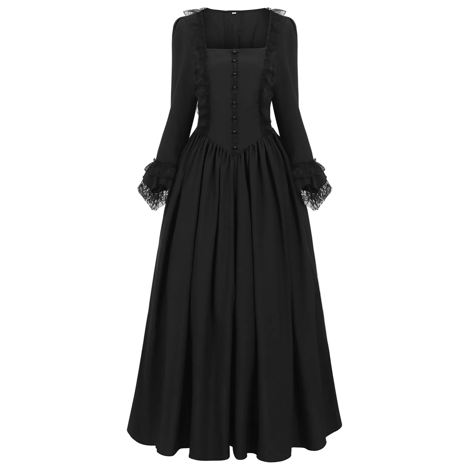 Retro Court Lace Long Dress Solid Color Square Neck Velvet Midi Evening Gowns with Button Festival Dance Performance Costumes