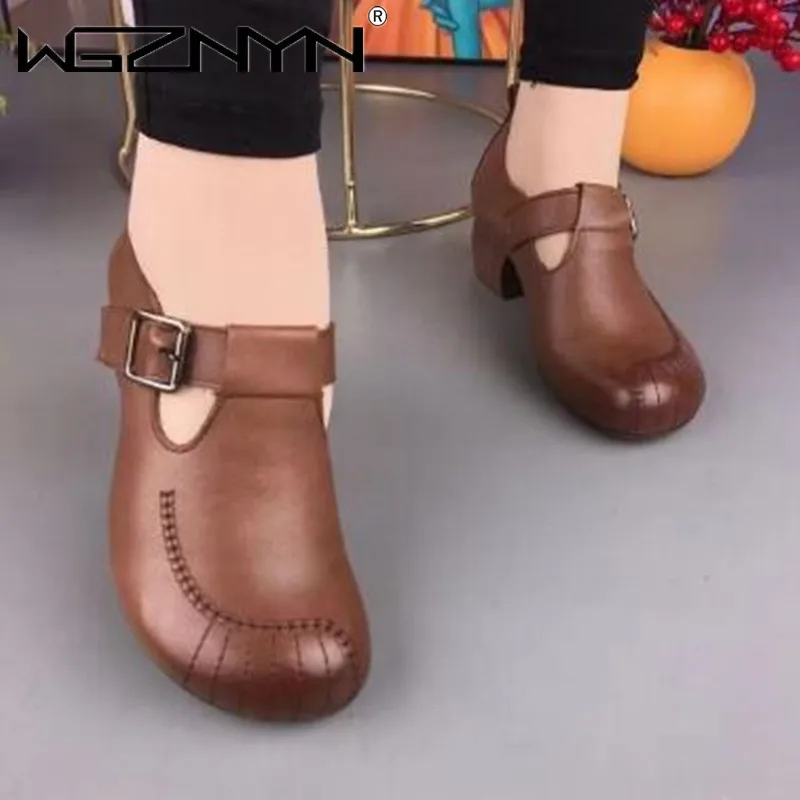 Women Loafers 2023 Women Loafers Spring Summer Genuine PU Leather Comfort Mid Heel Retro Mother Shoes Slip-On Fashion Rome Shoes