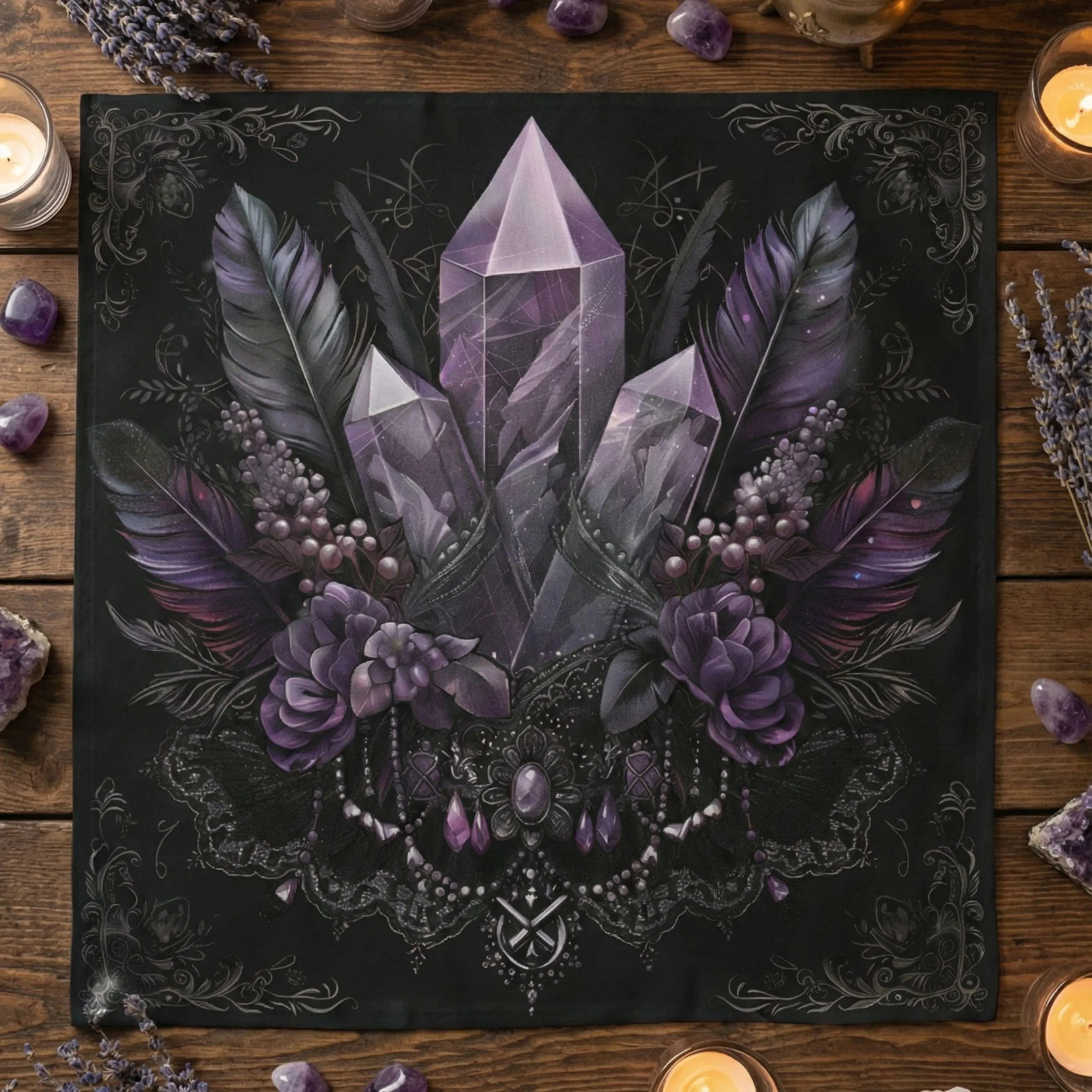 VIKAMA Dark Amethyst Feather Tablecloth Gothic Mysterious Witch Amethyst Energy Tarot Divination Tarot Card Tablecloth