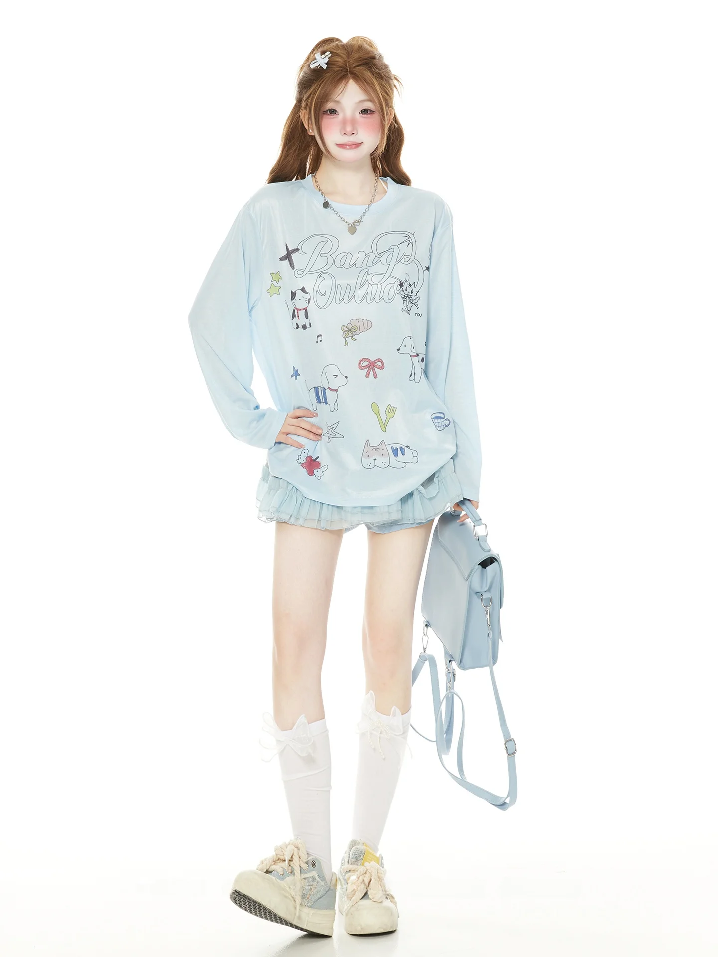 Ladies Lightweight Long Sleeve Printed T-Shirt Sunshade Cover up Spring Autumn Korean Style Versatile Breathable Casual Top