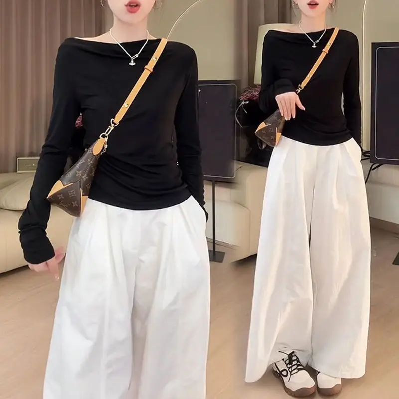 

Korean Sle Casual Elegance Women's Spring 2026 Long Sve T-irt Wide Leg Pants Two-Piece Set Asymmetrical Design High Waist