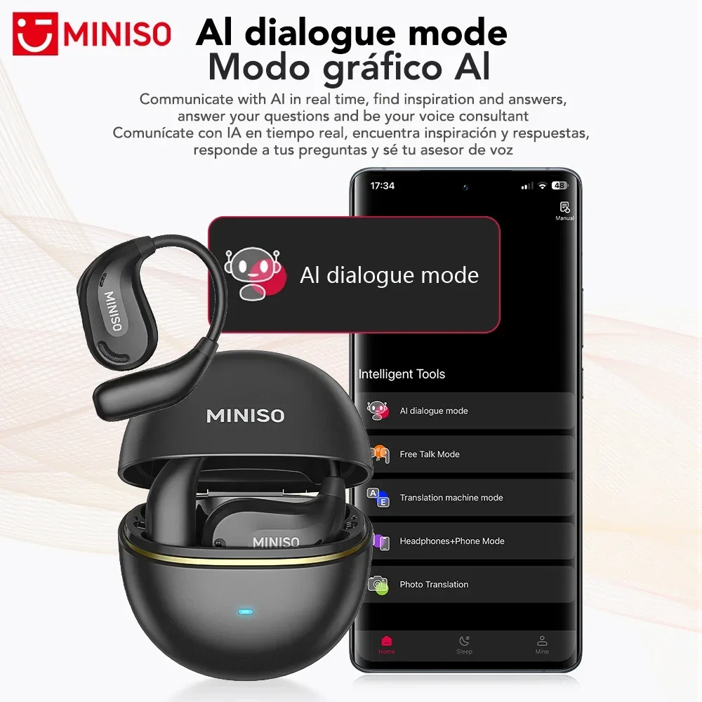 MINISO MS209 سماعات بلوتوث AI سماعات لاسلكية OWS مع ميكروفون للحد من الضوضاء خطافات أذن مترجم سماعات أذن منخفضة الكمون
