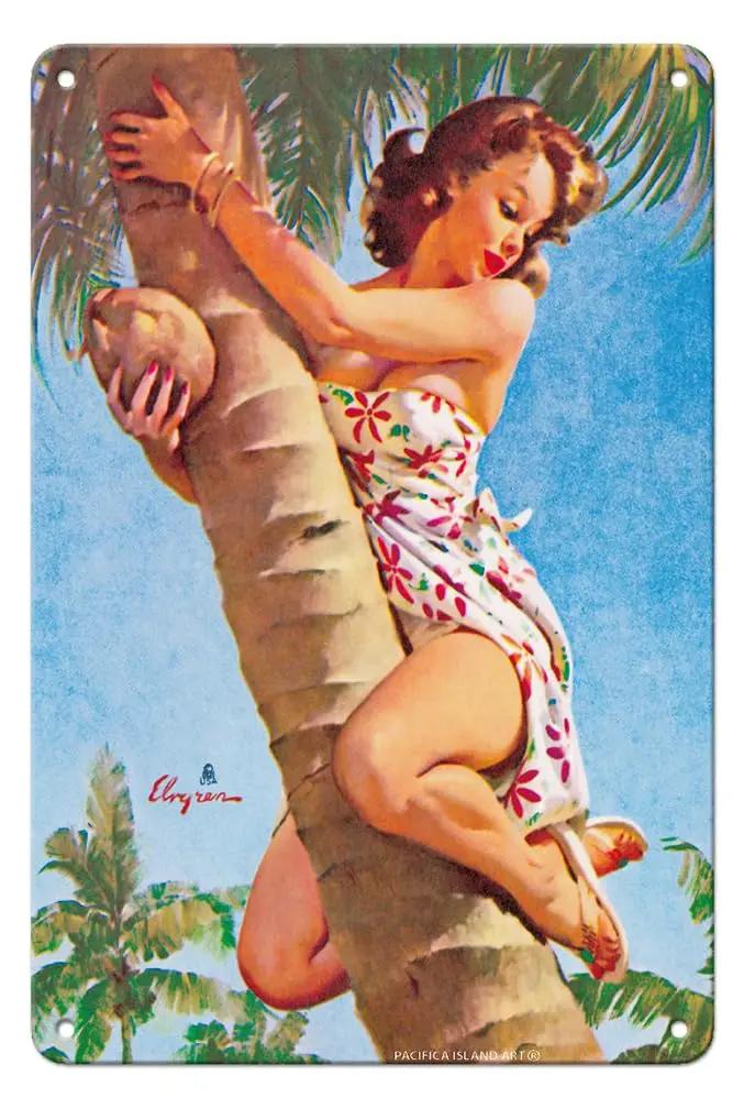 Pacifica Island Art Pick of the Crop - Up a Coconut Tree - Vintage Pin Up Girl Print by Gil Elvgren c.1964-  Vintage Metal Tin S