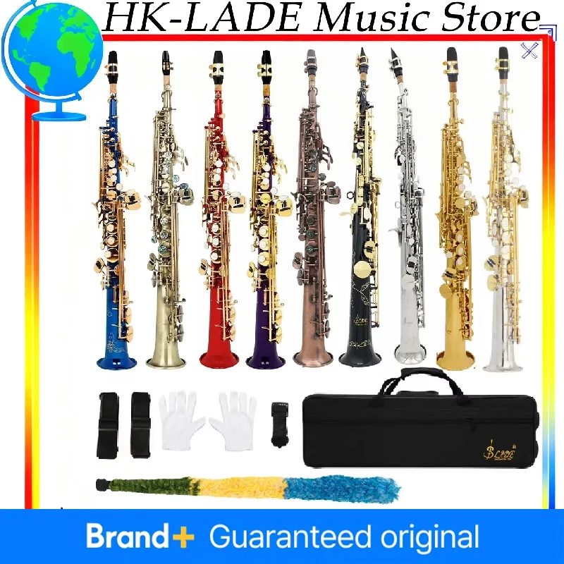 SLADE Soprano Saxophone Direct Tube Latun Bb/B Flat Natural Body Carved Design with Shoulder Case Straight Tube Saxophone