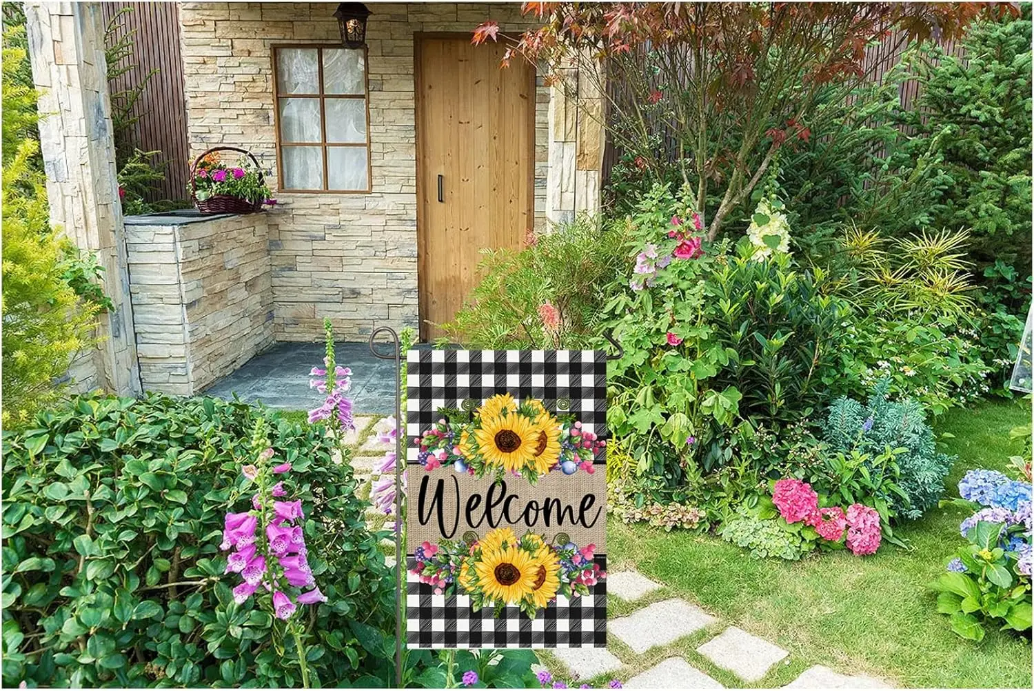 علم حديقة عباد الشمس الصيفي ترحيب الزهور التوت الجاموس منقوشة ساحة العلم 12 × 18 بوصة صغيرة عمودية مزدوجة الوجهين الموسمية FFI