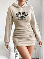Robe élégante à capuche et bretelles pour femme, à manches longues, imprimé lettres, couleur unie, avec jupe à taille élastique, longueur mini-jupe 4