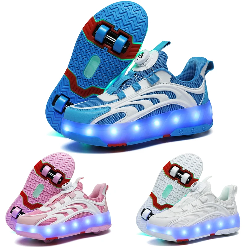 

New Kids Wheels Roller Skate Shoes Boys Girls Swivel Buckle LED Light Luminous rechargeable Outdoor Children's Casual Sneakers