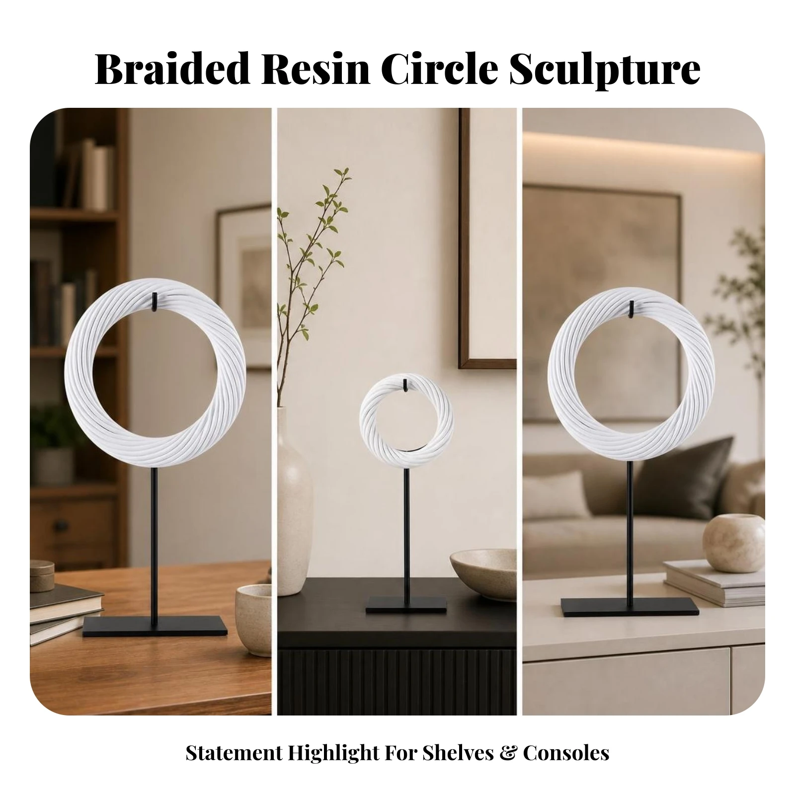 Decorative Circle with Stand Freestanding Geometric Decorative Sculpture Round Accent Statue Abstract Tabletop Ornament