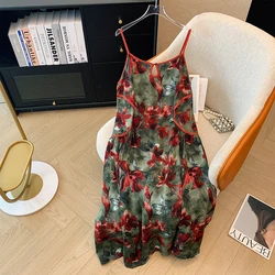 Plus-size Women's summer casual commute loose comfortable slip dress Chiffon red print vintage Chinese style green long dress