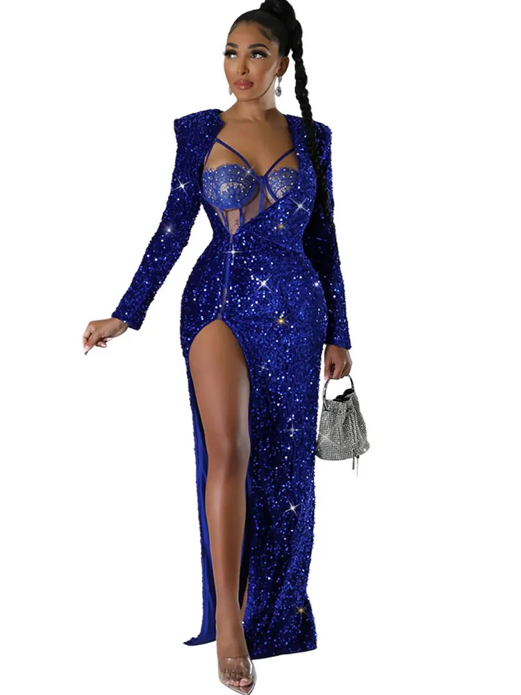 

Sexy Sequin Birthday Prom Long Slit Dress Party Evening Gowns Elegant Luxury Celebrity Two Piece Night Club Outfits Maxi Dresses