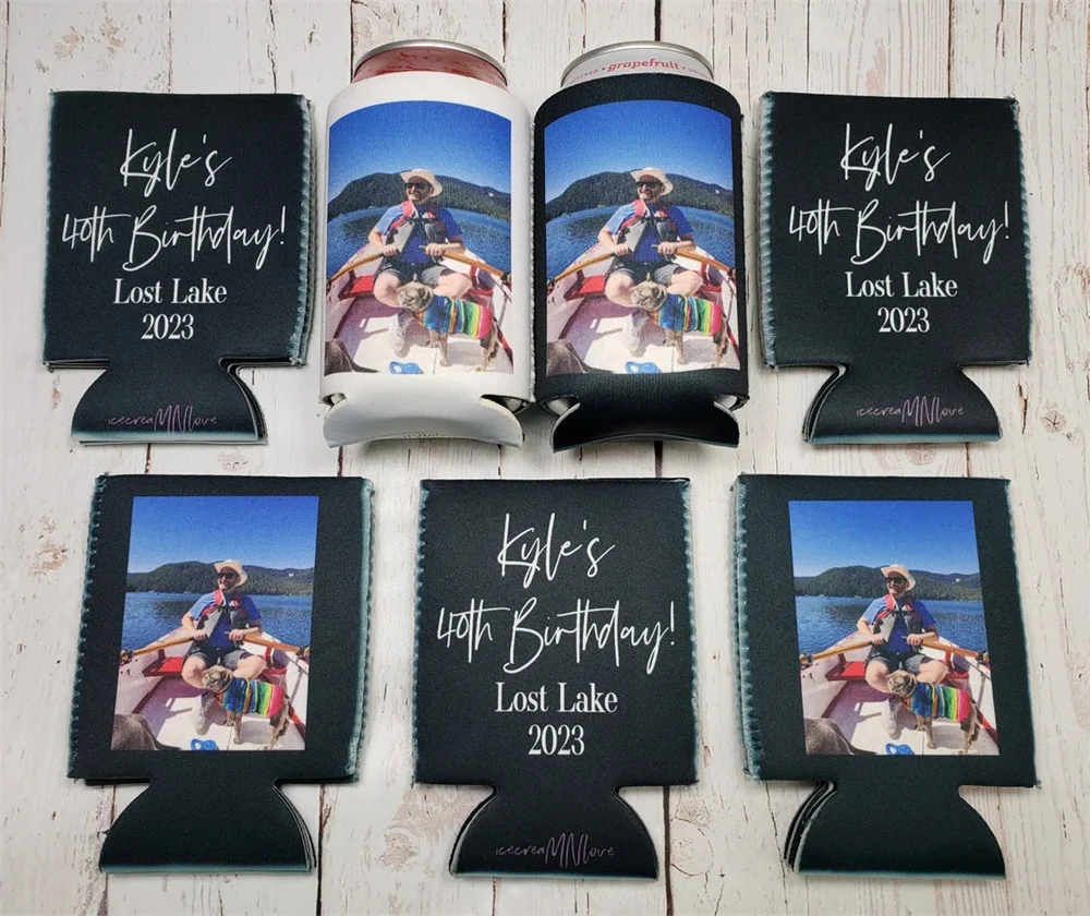 Custom Photo can cooler 40th birthday party photo can cooler favors. Personalized with custom birthday party info. Trendy favors