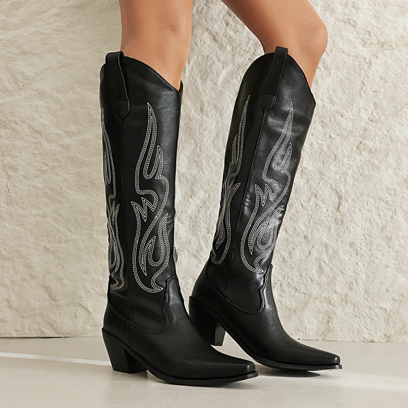 Botas de talla grande con rayas bordadas, cono puntiagudo, tacón grueso, Interior transpirable, nuevas botas occidentales, botas de vaquero del oeste, botas de caballero