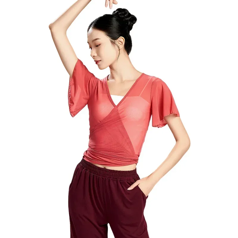 Женский танцевальный костюм, современный, лето 2023, новый тренировочный сетчатый топ с короткими рукавами для китайских классических танцев для взрослых