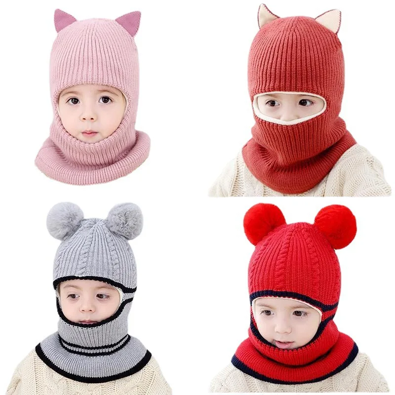 Beanies Baby Ring Hat Pompom Winter Children Hats Knitted Cute Cap for Baby Girls Boys Warm Fleece Lining Earflap Caps for Kids