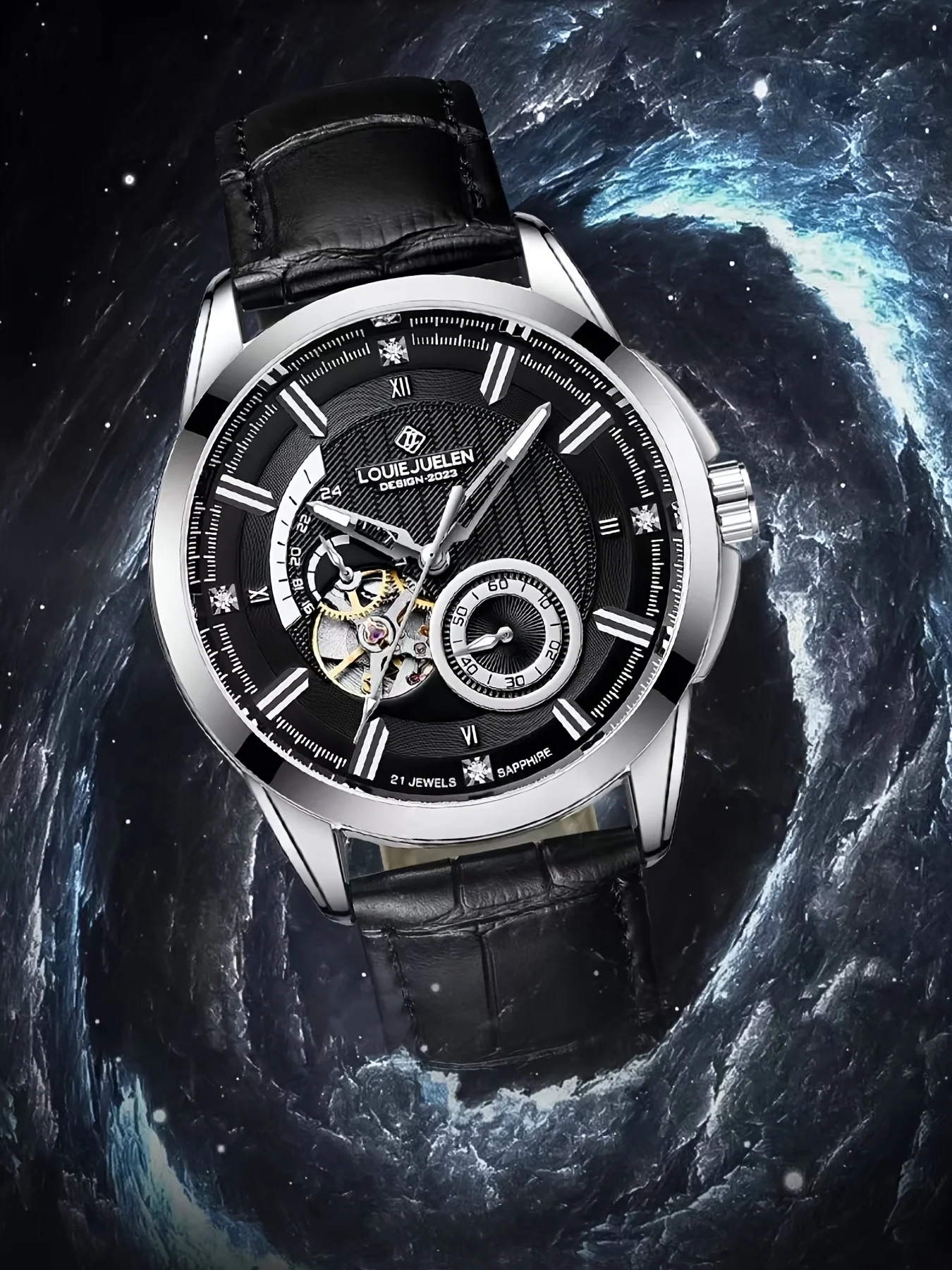 ساعة ميكانيكية بدون بطارية، عرض مؤشر، هيكل من الفولاذ المقاوم للصدأ، لف ذاتي، شاشة مضيئة، حزام من الجلد الصناعي #5