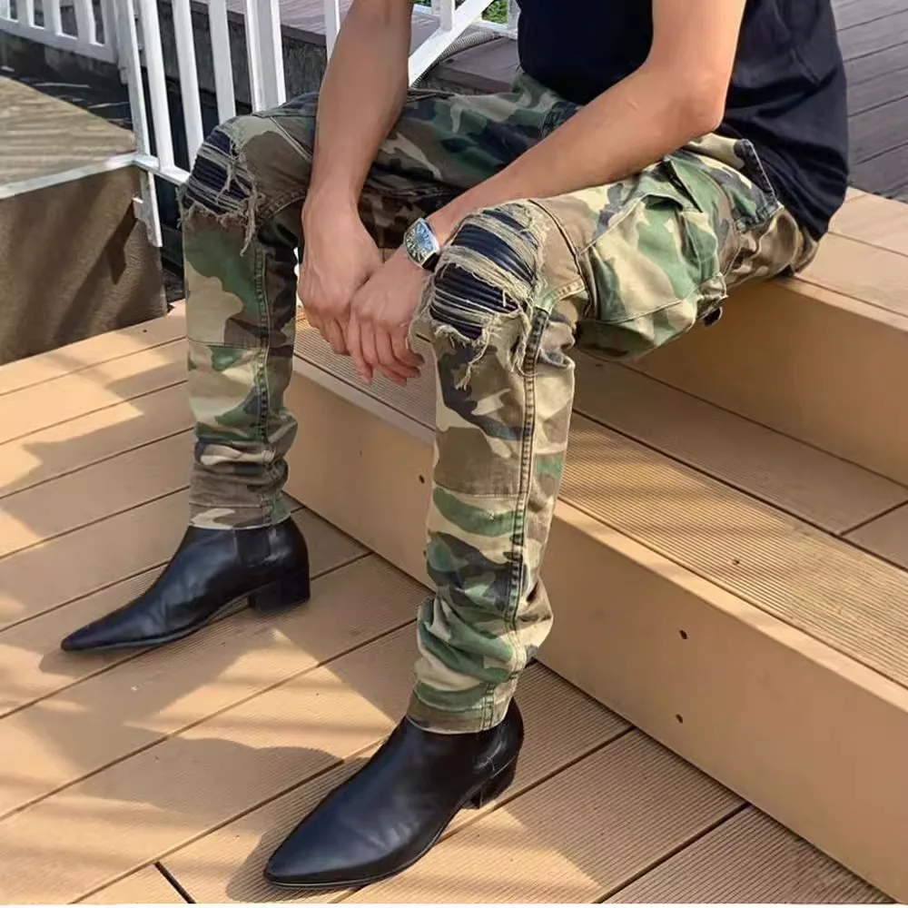 

Men camouflage jeans American high street ripped slim elastic pants outdoor