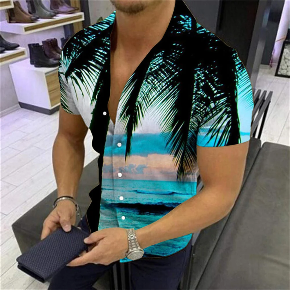 2023 New Men\'s Hawaiian Beach Short Sleeve Shirt with Coconut Tree Print Pattern Men\'s Street Casual High Quality Polo Top