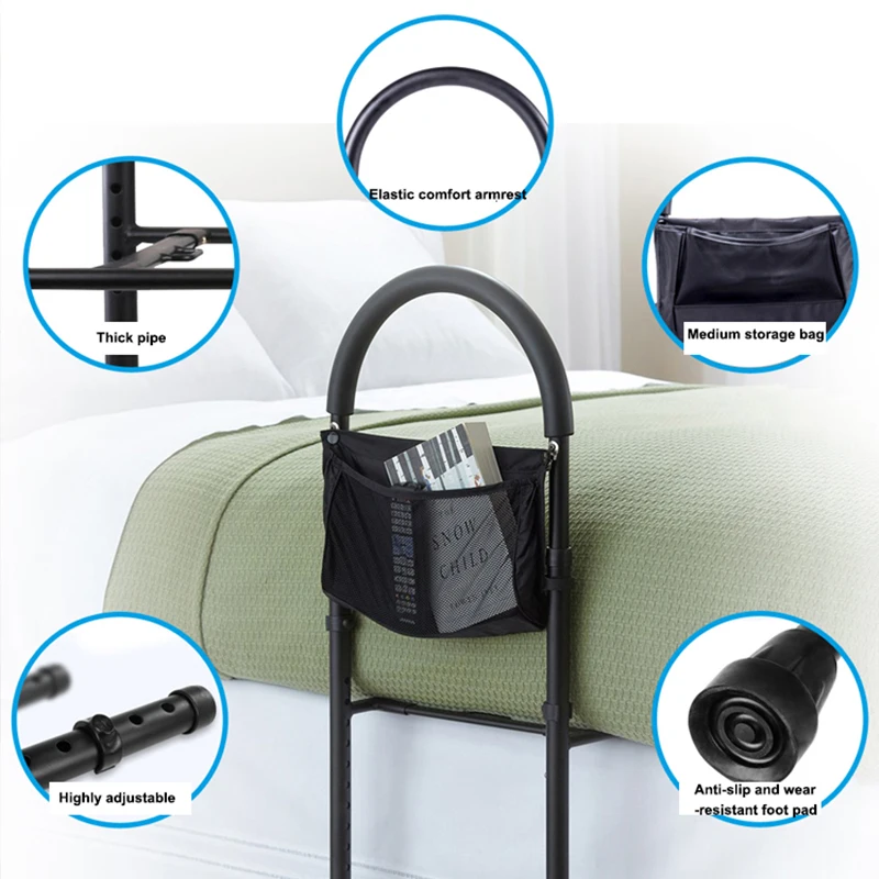 سكة أمان للسرير المنزلي لكبار السن خفيفة الوزن وقابلة للطي بمقبض من البولي يوريثان، حاجز أمان للسرير للمعاقين