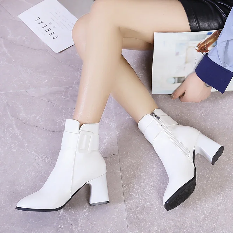 White Black Thick High Heel Ankle Boots Women 2020 Pointed Toe Keep Warm Elegant Short Booties Ladies Ankle Buckle Decoration