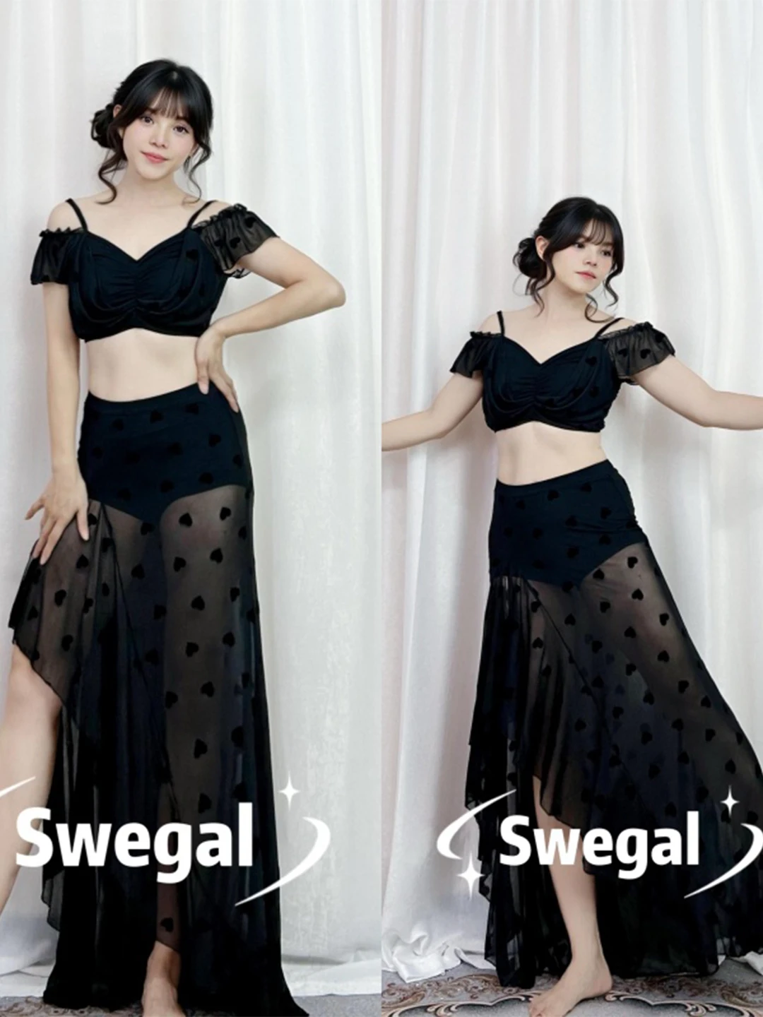 Swegal Belly Dance Skirt Set with Black Tulle Overskirt V-Neckline Breathable High Elasticity for Beginners And Experts