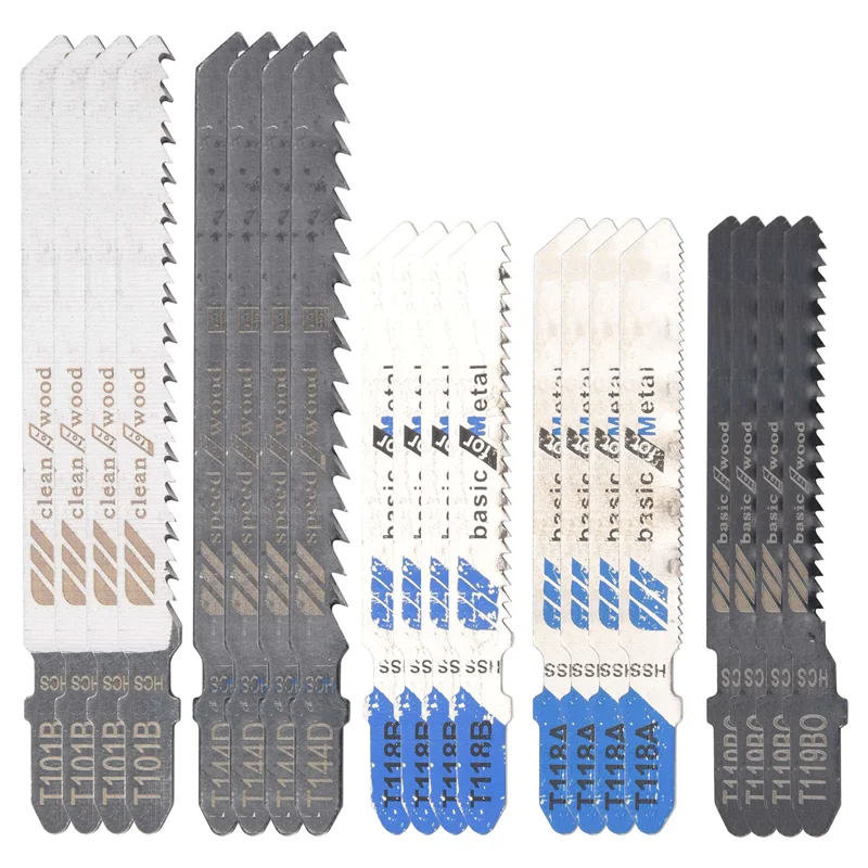 Zestaw 20 ostrzy do wyrzynarki, różne trzpienie T, do cięcia drewna i metalu.