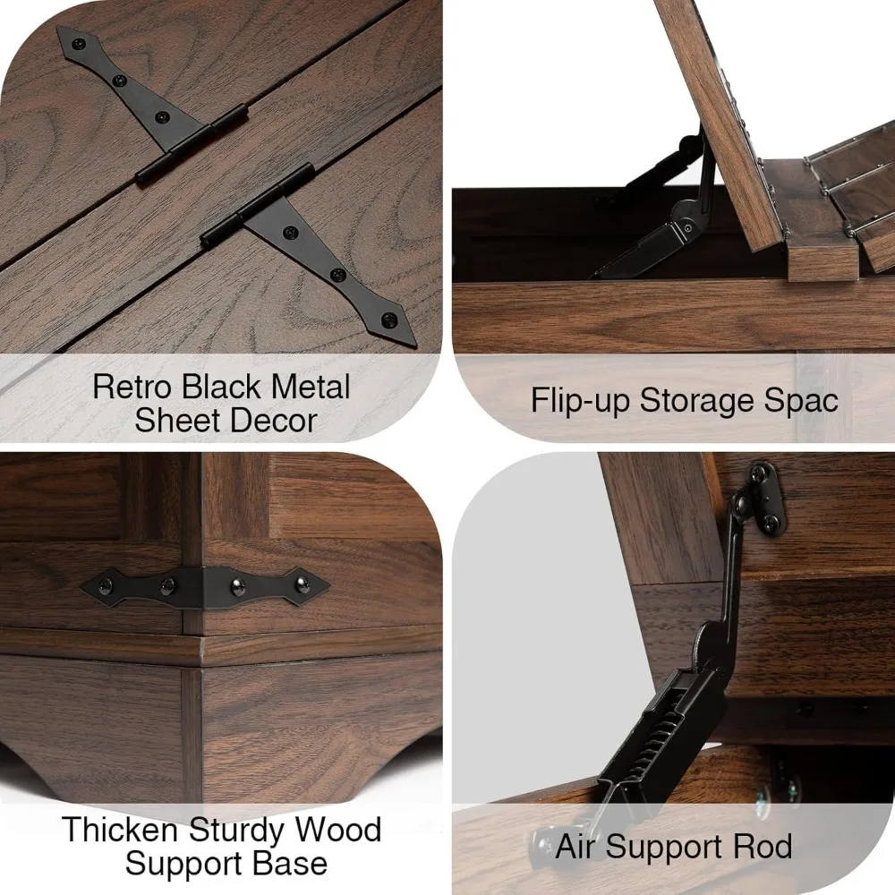 Farmhouse Coffee Table with Hinged Lift Top and Large Hidden Storage Compartment, Rustic Square Wood Central Table for Living R