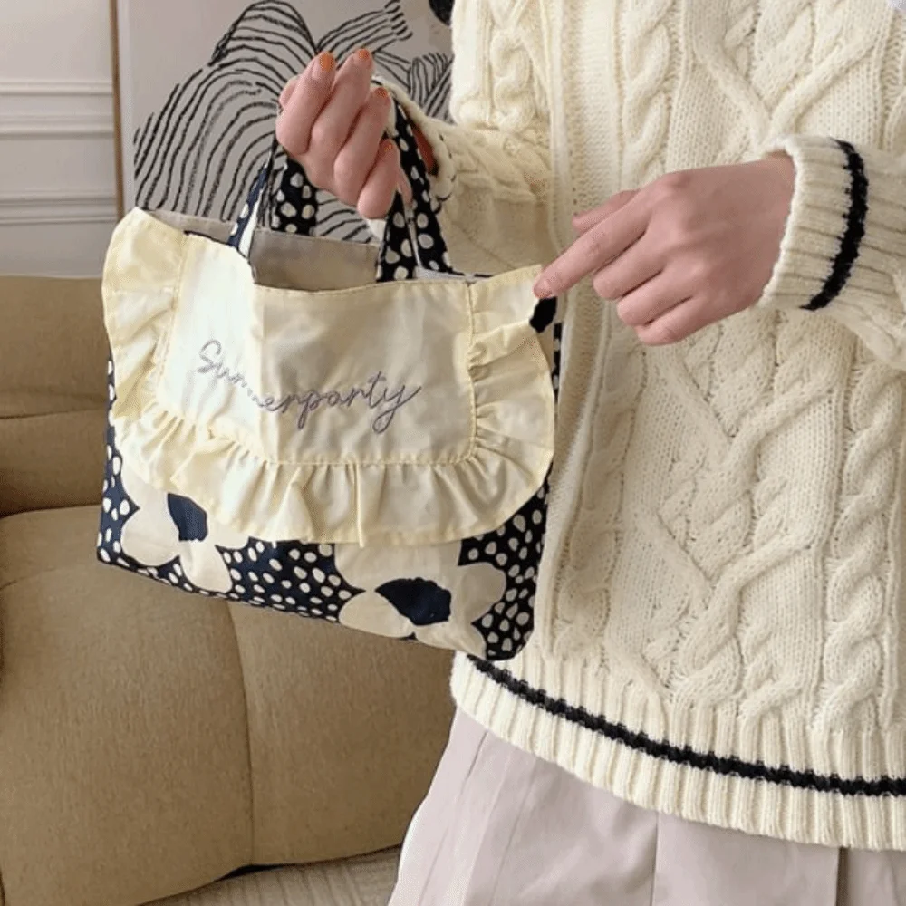 Sweet Printed Floral Embroidery Canvas Bag Flower Bucket Bag Print Cloth Bag Large Capacity Lace Canvas Shoulder Bag Storage Bag