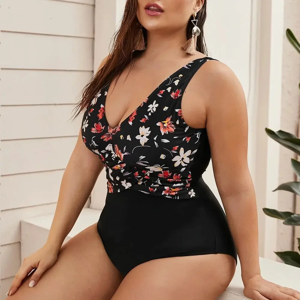 Maillot de bain une pièce fleuri large pour femme, col en V, dos nu, style sexy, nouveauté estivale, SS10072024