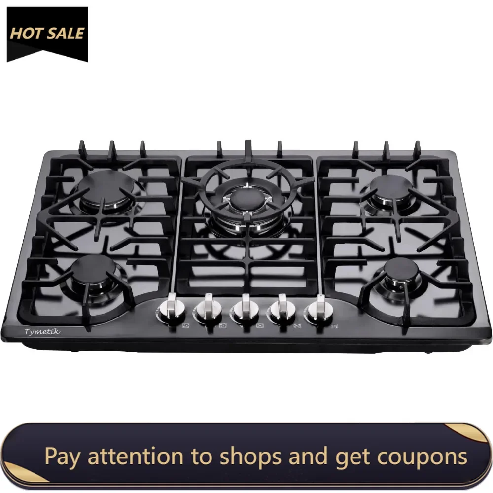 

30 Inch Gas Cooktop，Built-in Stainless Steel Stovetop 5 High Efficiency Burners Gas Stove LPG/NG Convertible Gas Hob (Black)