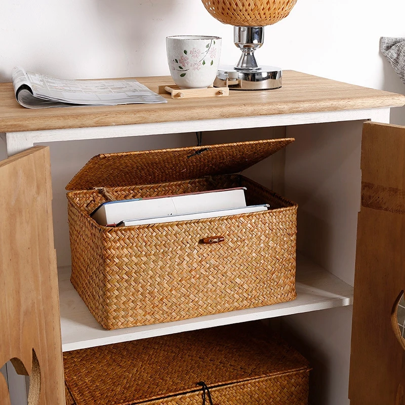 Ins Storage Baskets with Lid Rectangle Seaweed Weaving Box Clothes Laundry Basket Sundries Storage Box Household Tidy Organizer