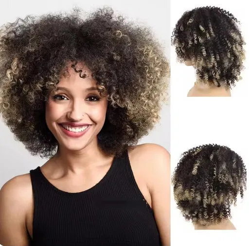 Sintético marrom escuro afro kinky encaracolado peruca com franja para preto feminino curto bombshell perucas natural olhando diário traje festa