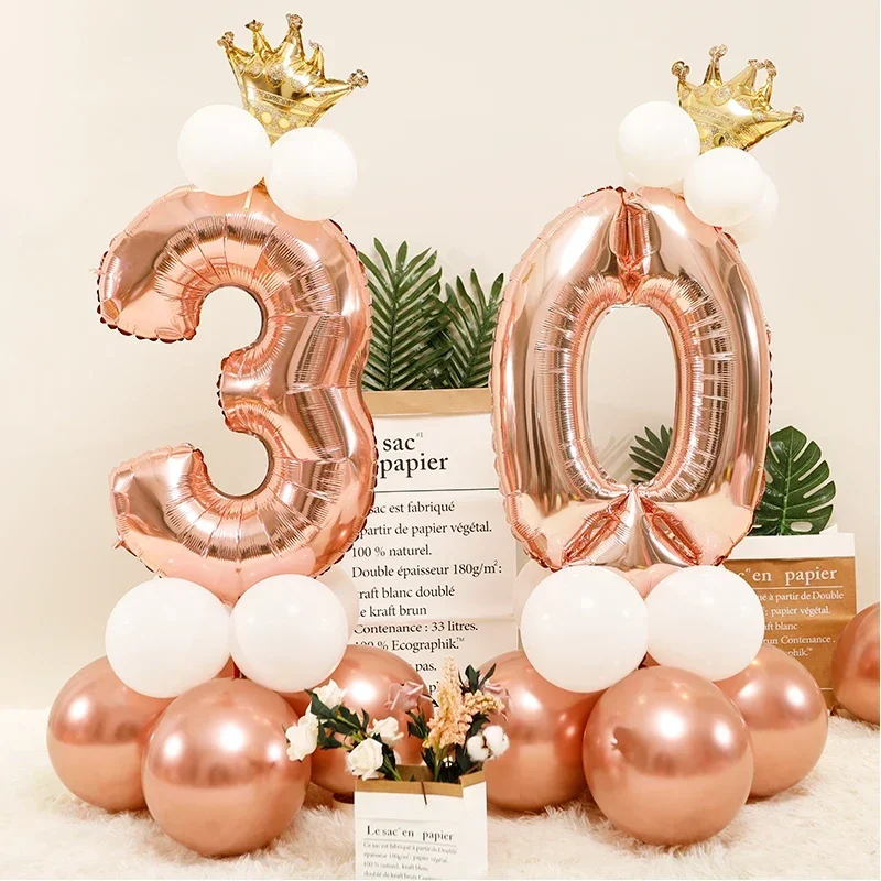 Chrome Rose Gold 32inch Number Foil Column Balloons Happy Birthday Party Decorations Kids Boy Girl 1 2 3 4 5 6 7 8 9 Year Old