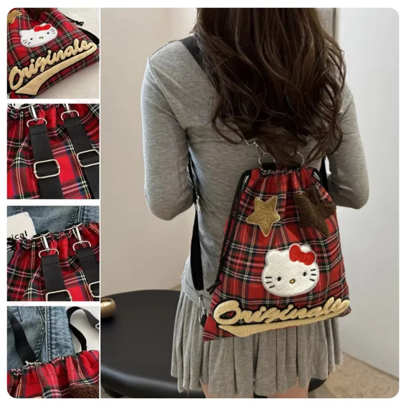 

MINISO Hello Kitty red checkered multifunctional crossbody bag for women Japanese cute backpack college style commuting storag