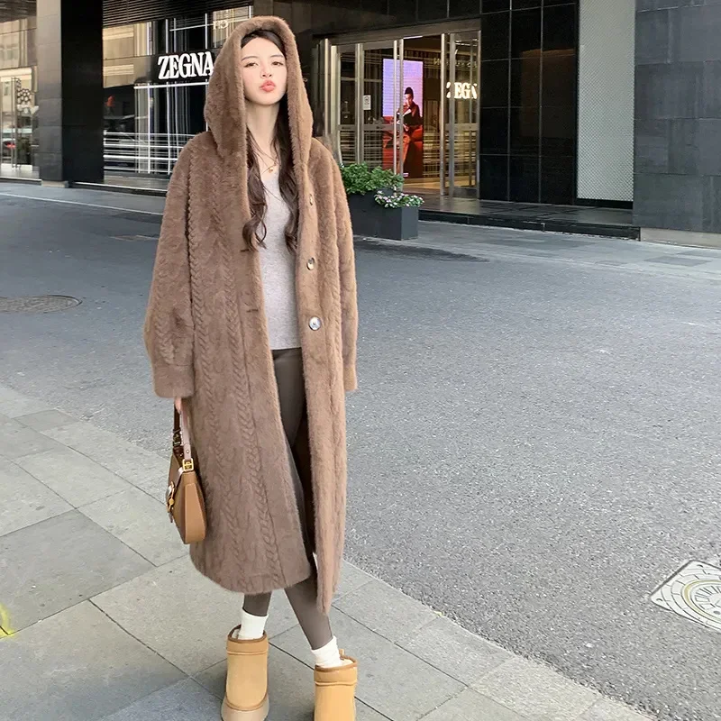 Pop ﻿ 2025 Winter New Thick Women's Long Imitation Mink Plush Cardigan With Integrated Fur Eco-Friendly Hooded Fur Coat Solid Co