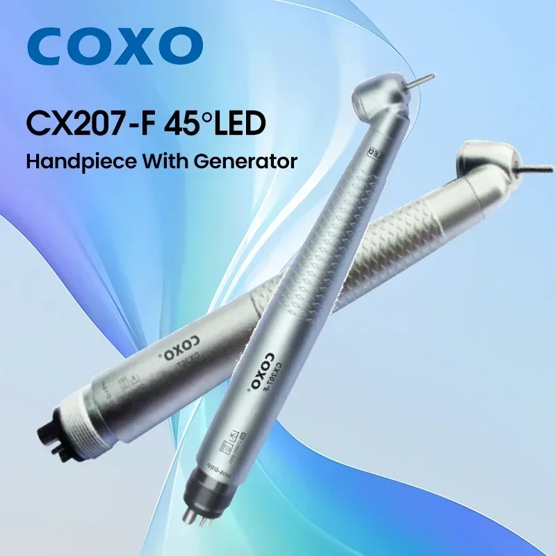 COXO CX207-F 45° LED High-Speed Contra-Angle Handpiece - Pneumatic Turbine with 3 Way Air/Water Spray for Cleaning & Whitening