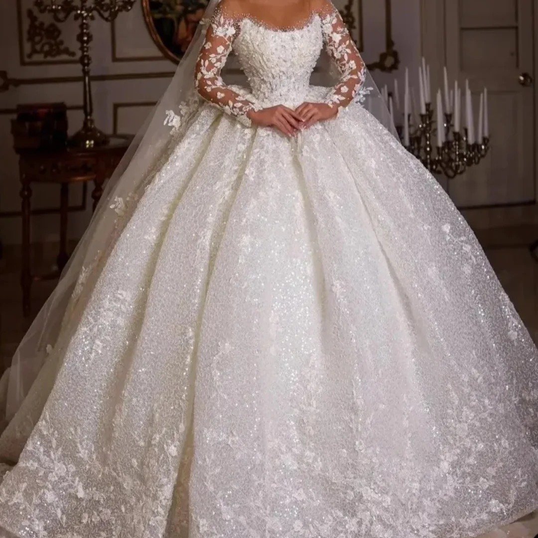 

Vintage Bridal Gown Beading Shinny Tulle Long Sleeves Elegant Pretty Dress Luxury Princess Wedding Dresses Customized 2025