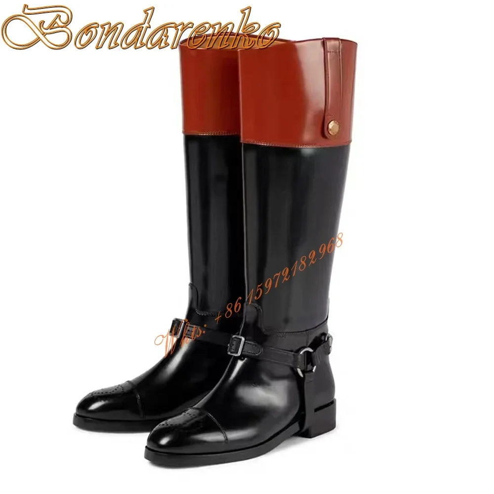 Round Toe Thick Heel Boots Belt Buckles Mixed Colors Splicing Knee High Boots Women Sexy Slip On Winter Party Dress Patent Shoes