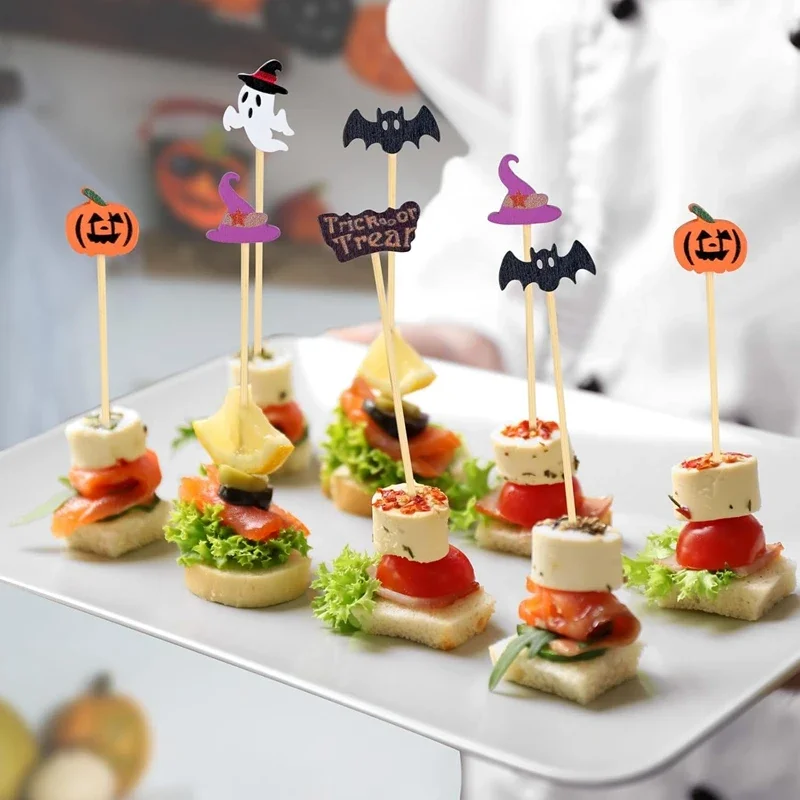 100/200 Stücke Halloween Party Zahnstocher Einweg Bambus Spieße Kürbis Geist Obst Gabel Kuchen Dessert Cocktail Stick Dekorationen