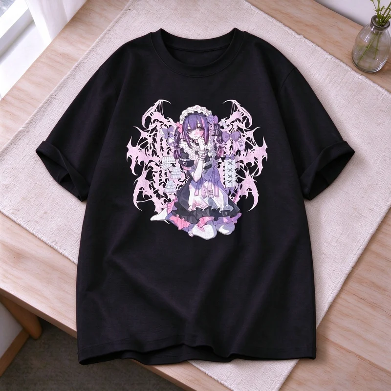 Alt Gothic Anime Maid Girl Tshirt Women Purple Hair Demon Wings Graphic Print Short Sleeve Casual Cotton Street Style Y2k Top