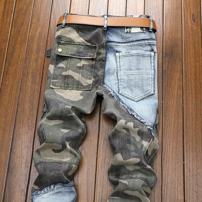 Männer Patchwork Jeans Mode Retro Slim Fit Elastische Bleistift Hosen Männliche Denim Camouflage Cowboy Hosen Lange Hosen